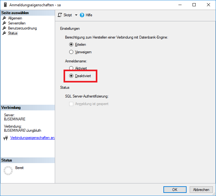 Deaktivieren der Anmeldung sa